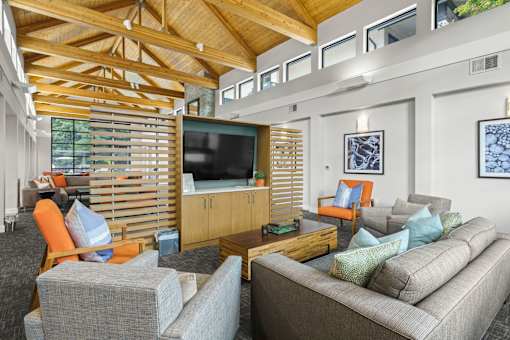 A living room with a grey couch and a wooden ceiling.