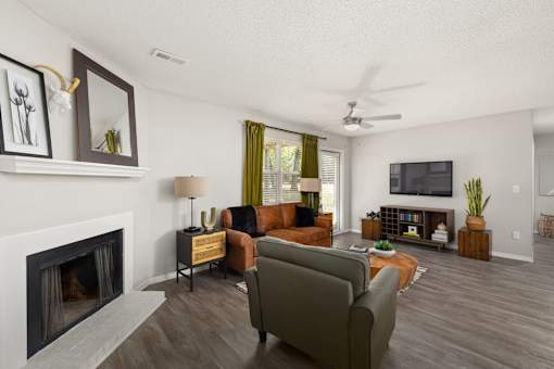 Living room with green curtains