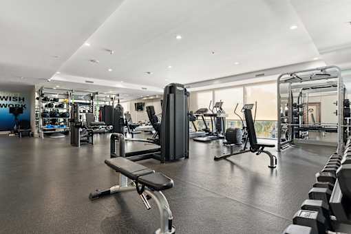 A gym with a variety of equipment including a bench, weights, and a treadmill.