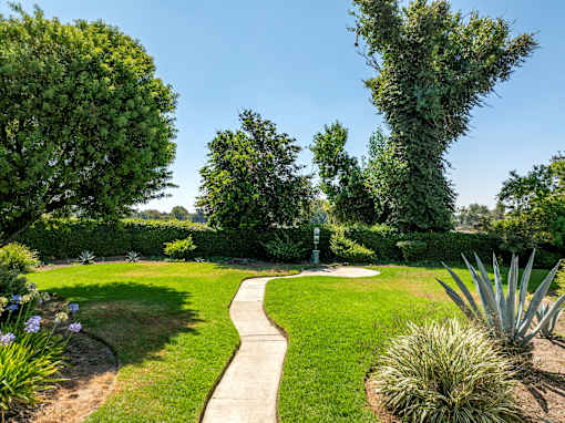 An outdoor green space with a sidewalk  with a curved concrete pathway surrounded by greenery and a clear blue sky.