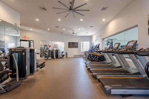 A gym with treadmills and exercise equipment.