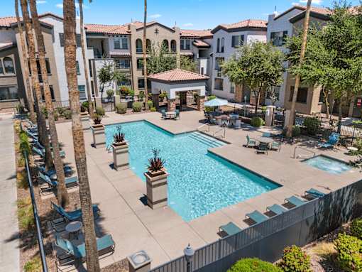 A large swimming pool surrounded by palm trees and lounge chairs.