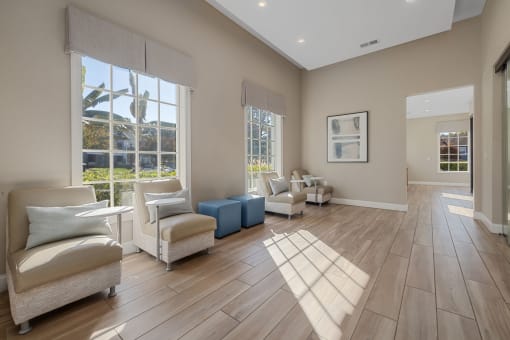 a sunlit room in the clubhouse with chairs and large windows
