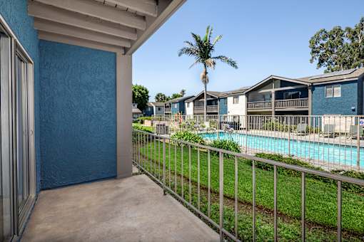 A view of a pool from a balcony.