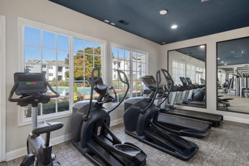 a gym with large windows, weights and cardio equipment