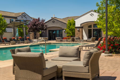 Poolside Relaxing Area at SkyStone Apartments, Albuquerque, NM, 87114