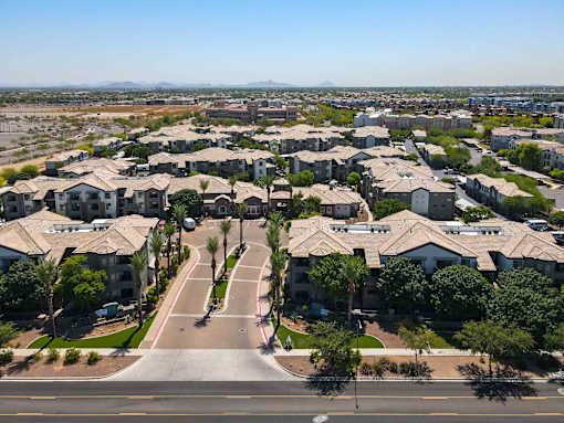 A residential area with houses and trees.