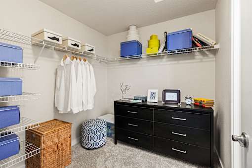 Walk-in closet with organized storage at Hubbard's Crossing Apartments, Kirkland, WA