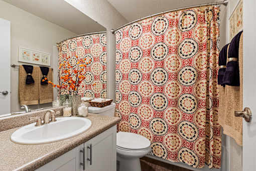 Bathroom with decorative shower curtain and tan vanity at Hubbard's Crossing Apartments, Kirkland, Washington