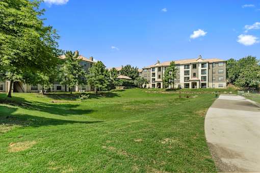 A grassy area with apartment buildings in the background.
