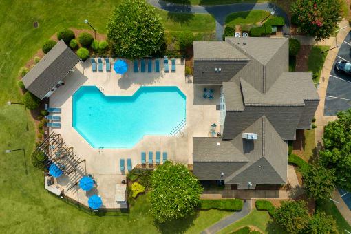 Aerial of swimming pool and clubhouse