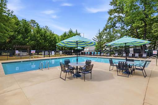 Pool with blue and green pool furniture