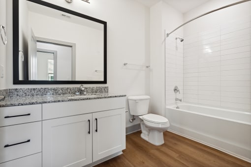 a bathroom with white cabinets and a large mirror and a white toilet and shower