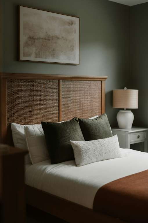 A bed with a white comforter and brown headboard with a lamp and a painting on the wall.