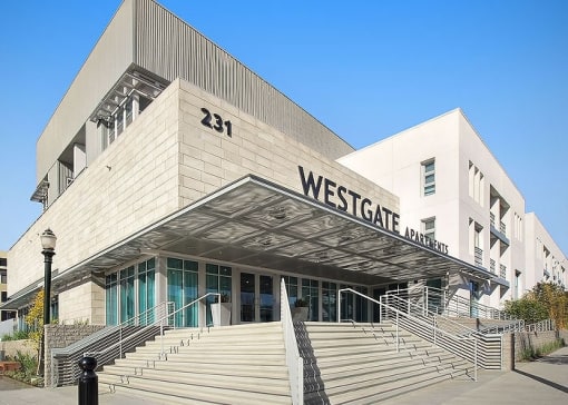 a large building with stairs in front of it