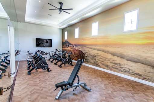 A gym with a row of exercise bikes and a wall mural of a desert landscape.