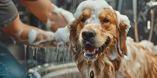 A dog is being bathed in a shower.