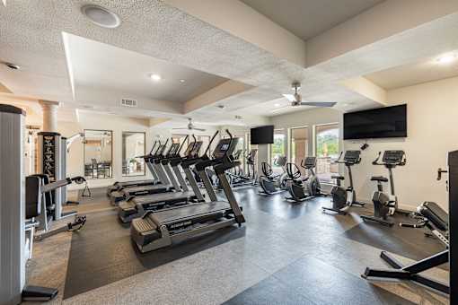 A spacious gym with treadmills, elliptical machines, and other exercise equipment.