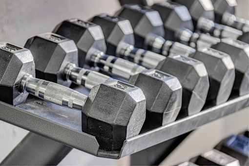 A set of dumbbells are neatly arranged on a rack.