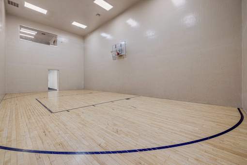 A wooden court with a blue line in the middle.
