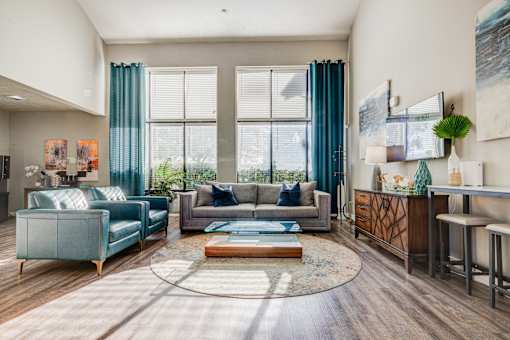 A living room with a grey couch, a blue couch, a coffee table, and a painting on the wall.
