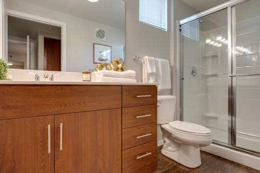 A bathroom with a toilet, sink, and mirror.