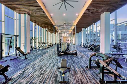 A gym with a variety of equipment including treadmills, weights, and exercise machines.