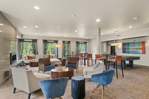 the reserve at bucklin hill clubhouse with tables and chairs at Allez, Redmond, WA 98052