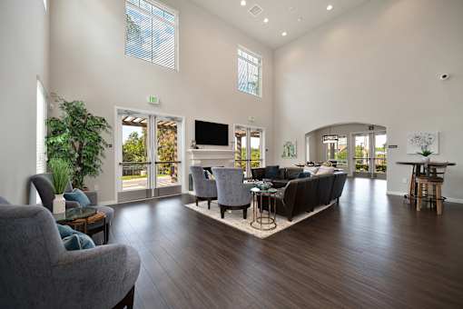 A living room with a grey couch and a wooden floor.