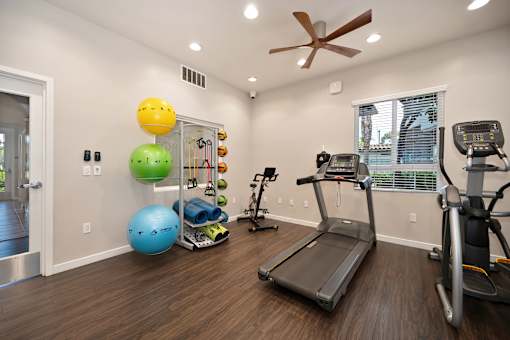 A room with a treadmill, exercise ball, and other fitness equipment.