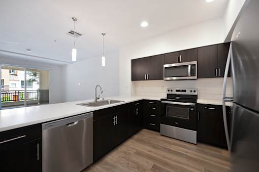 A modern kitchen with black cabinets and stainless steel appliances at Palomar Station apartments in San Marcos.