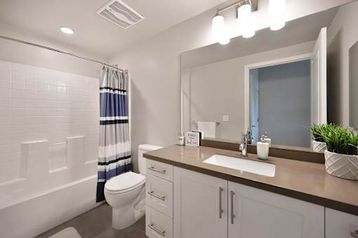 A bathroom with a toilet, sink, and mirror.