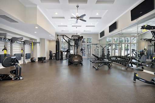 A spacious gym with a variety of equipment.
