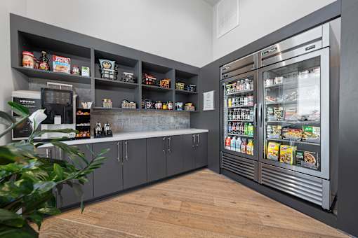 A modern kitchen with a refrigerator, shelves, and a plant.