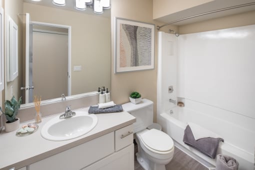 Bathroom with a toilet sink and tub and a mirror at Summerfield, Tigard