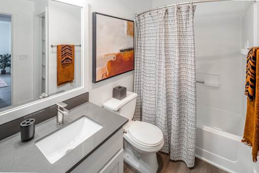 A bathroom with a toilet, sink, and shower curtain.