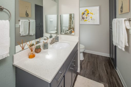 a bathroom with grey cabinets and a white countertop
