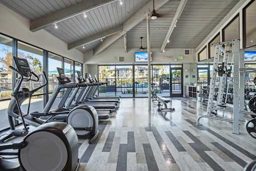 A gym with treadmills and elliptical machines.