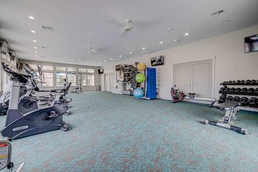 A gym with a variety of equipment including treadmills, weights, and exercise balls.
