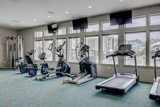 A gym with treadmills, elliptical machines, and other cardio equipment.