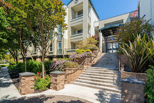 A building with a staircase leading to the entrance.