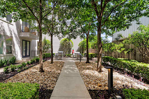 A walkway in a landscaped area with trees and shrubs.