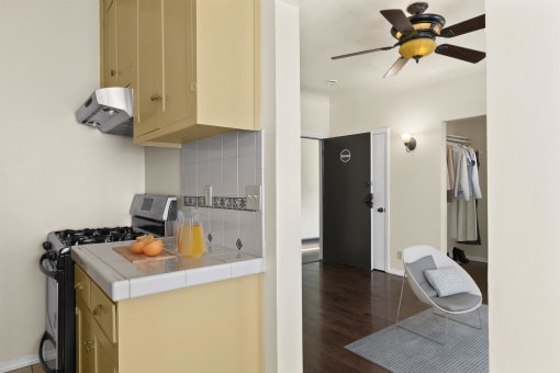 kitchen and living room at Delta, Los Angeles, California