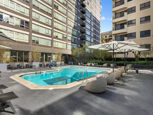 a swimming pool in front of a building at The View, Los Angeles California