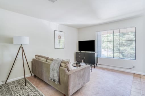 a living room with a couch and a tv