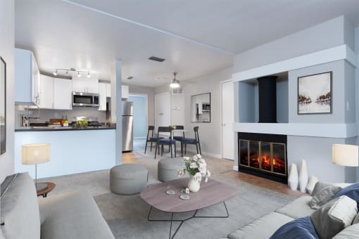 a living room with a fireplace and a table