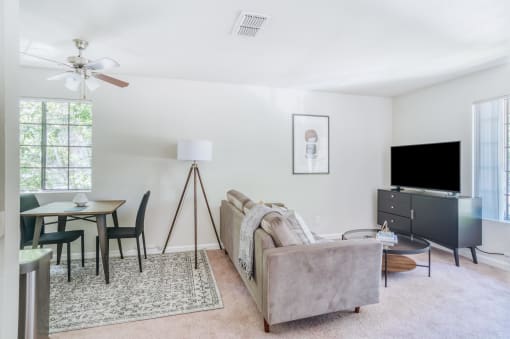 a living room with a couch and a table and a tv