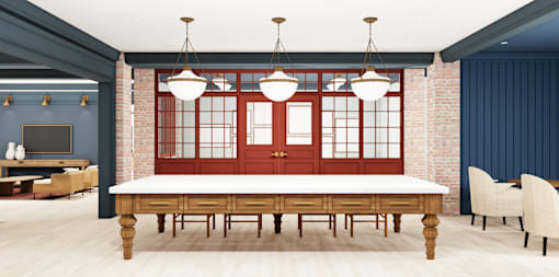 A dining room with a red door and a white table.