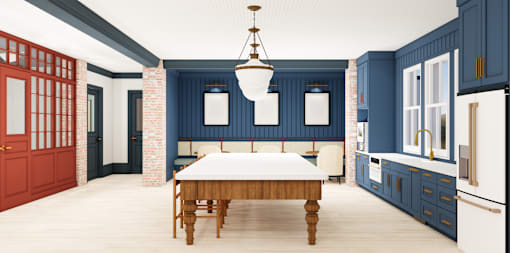 A dining room with a wooden table and chairs.