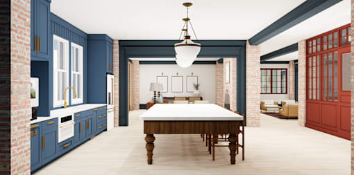 A dining room with a table and chairs.